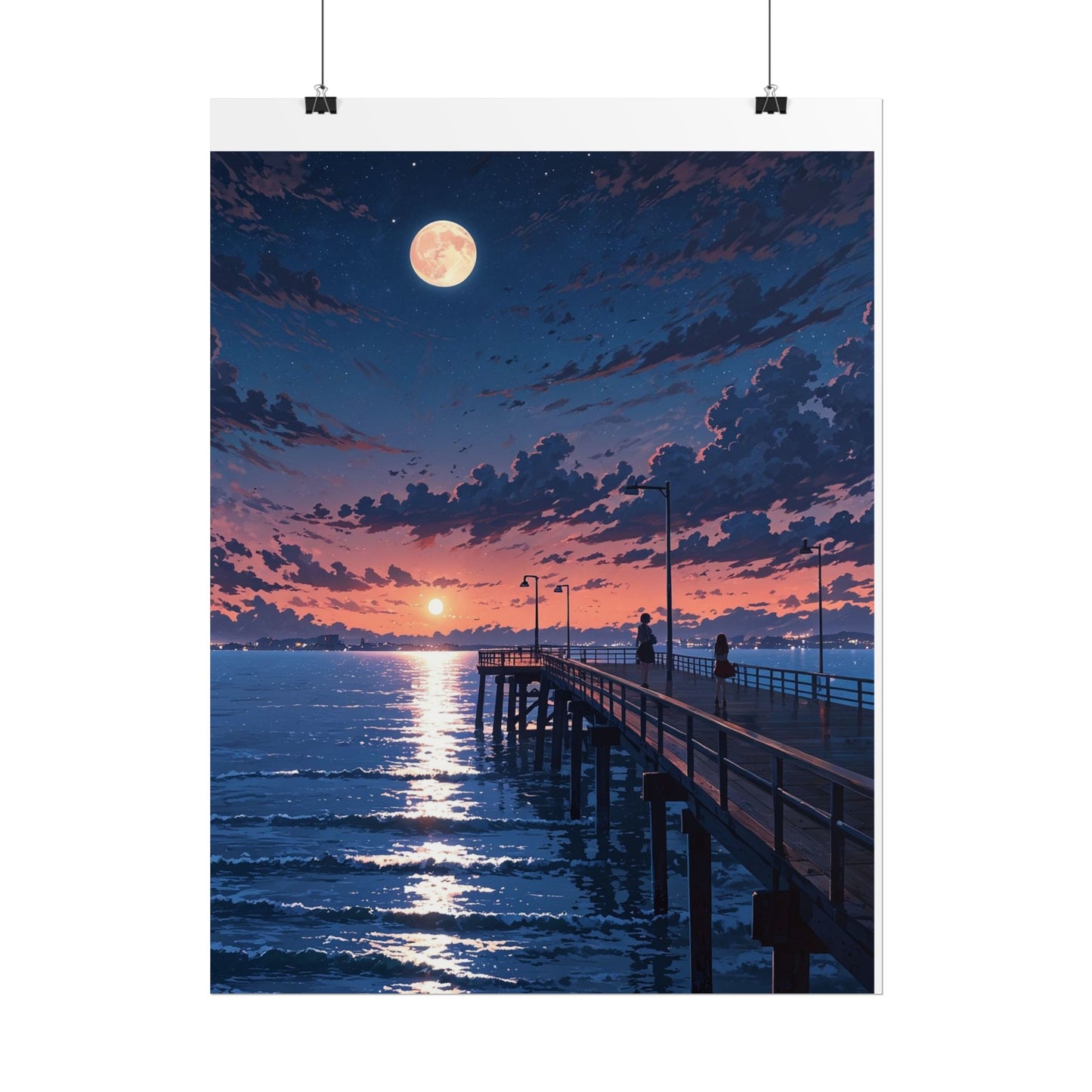 Serene Sunset Rolled Poster - Moonlit Pier Art for Home Decor