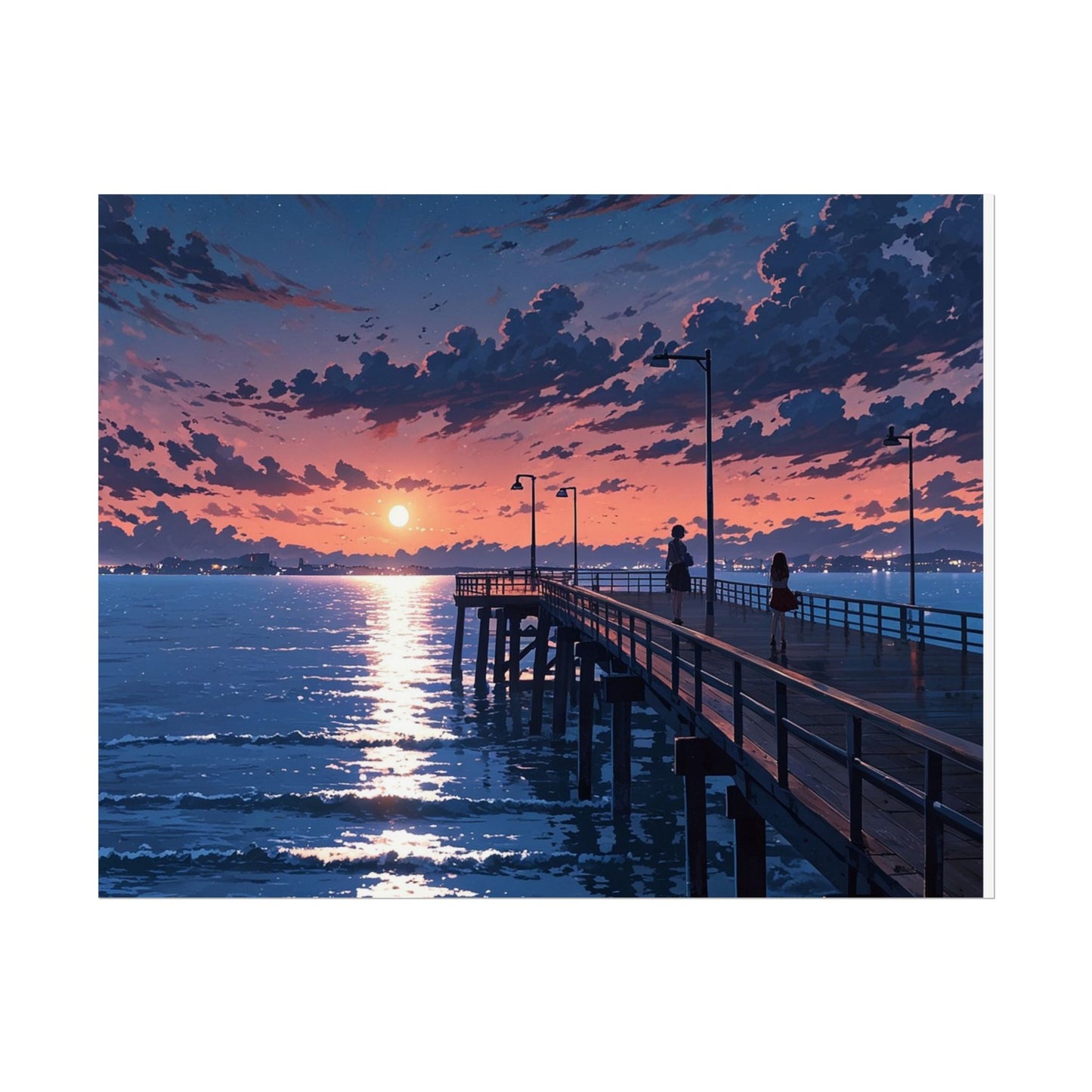 Serene Sunset Rolled Poster - Moonlit Pier Art for Home Decor
