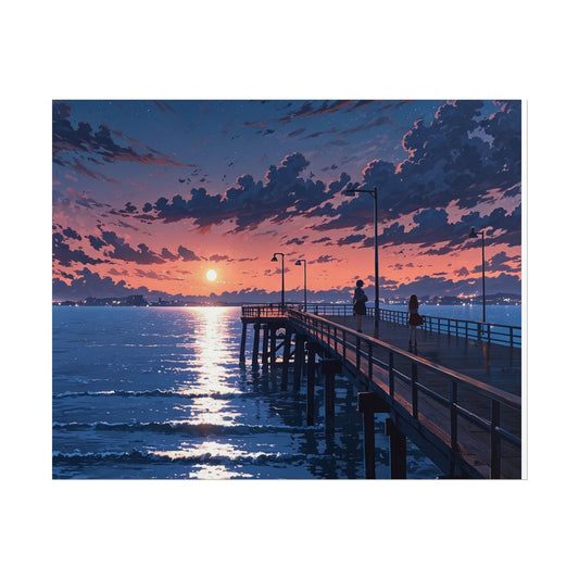 Serene Sunset Rolled Poster - Moonlit Pier Art for Home Decor