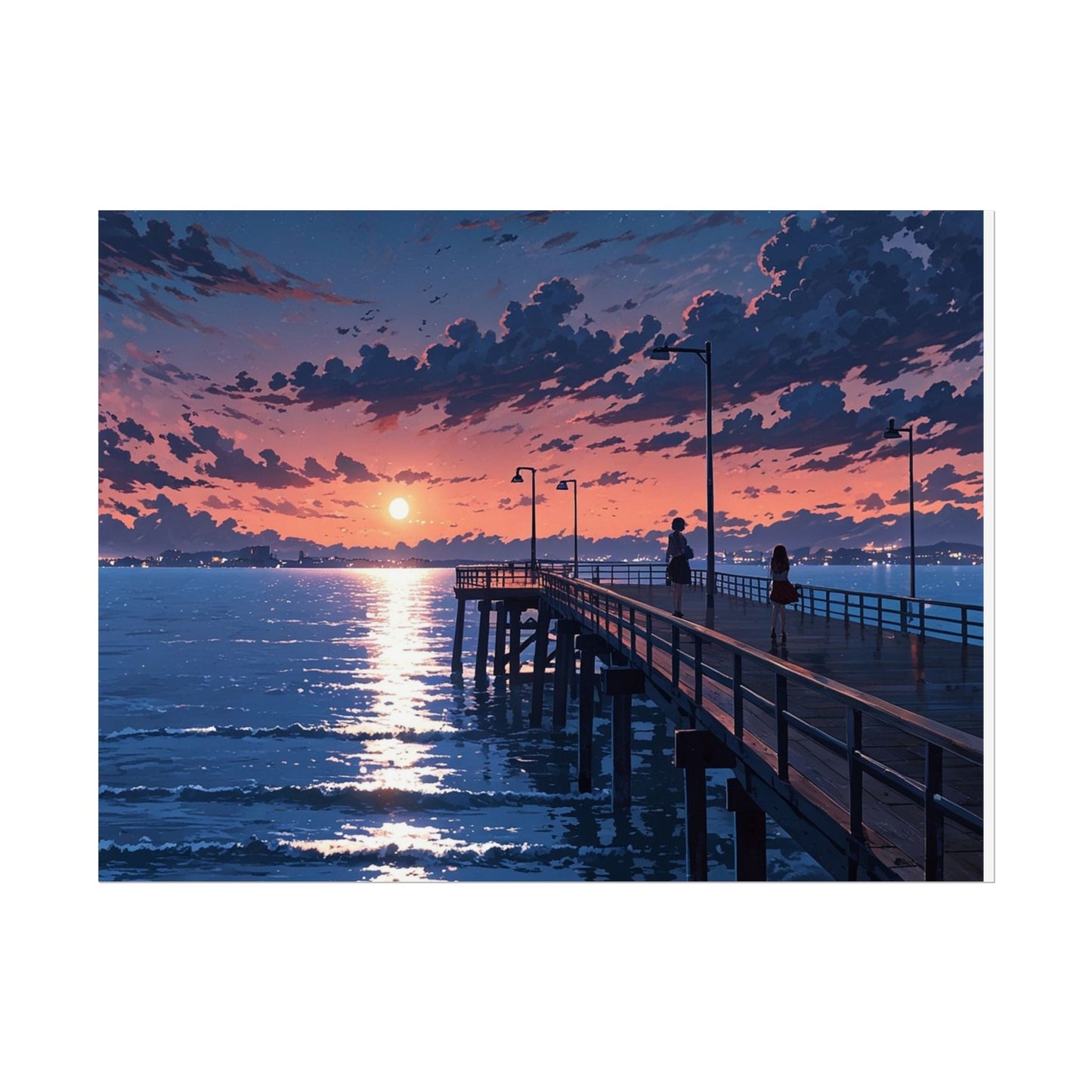 Serene Sunset Rolled Poster - Moonlit Pier Art for Home Decor