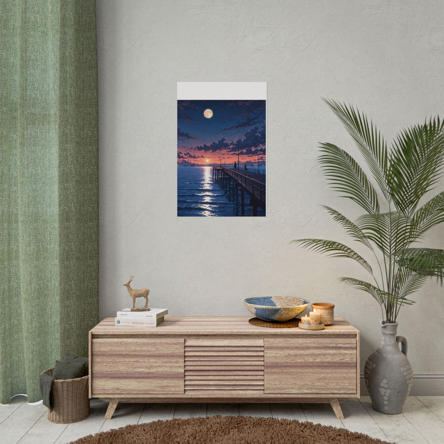 Serene Sunset Rolled Poster - Moonlit Pier Art for Home Decor