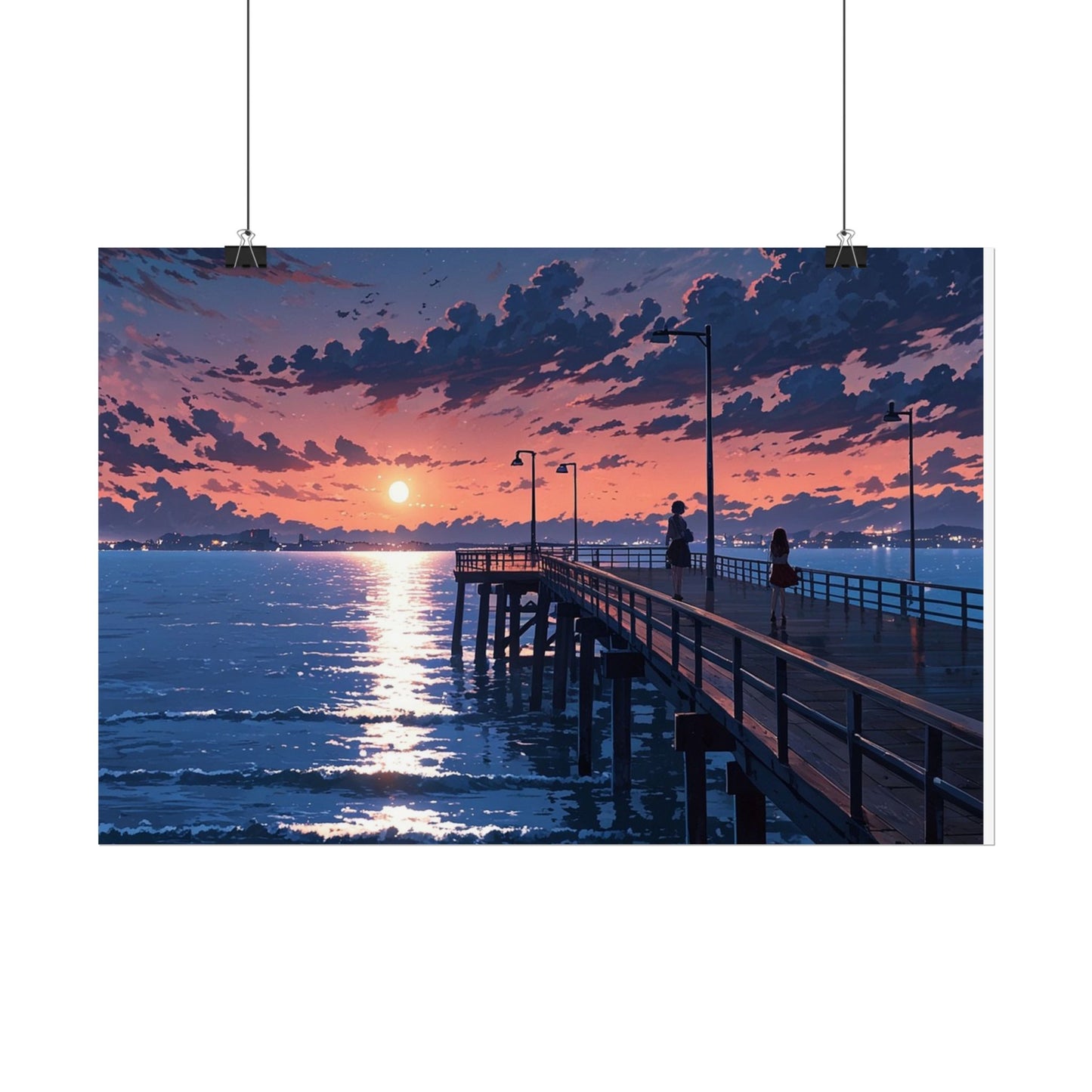 Serene Sunset Rolled Poster - Moonlit Pier Art for Home Decor