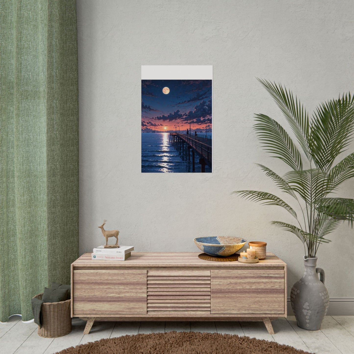 Serene Sunset Rolled Poster - Moonlit Pier Art for Home Decor