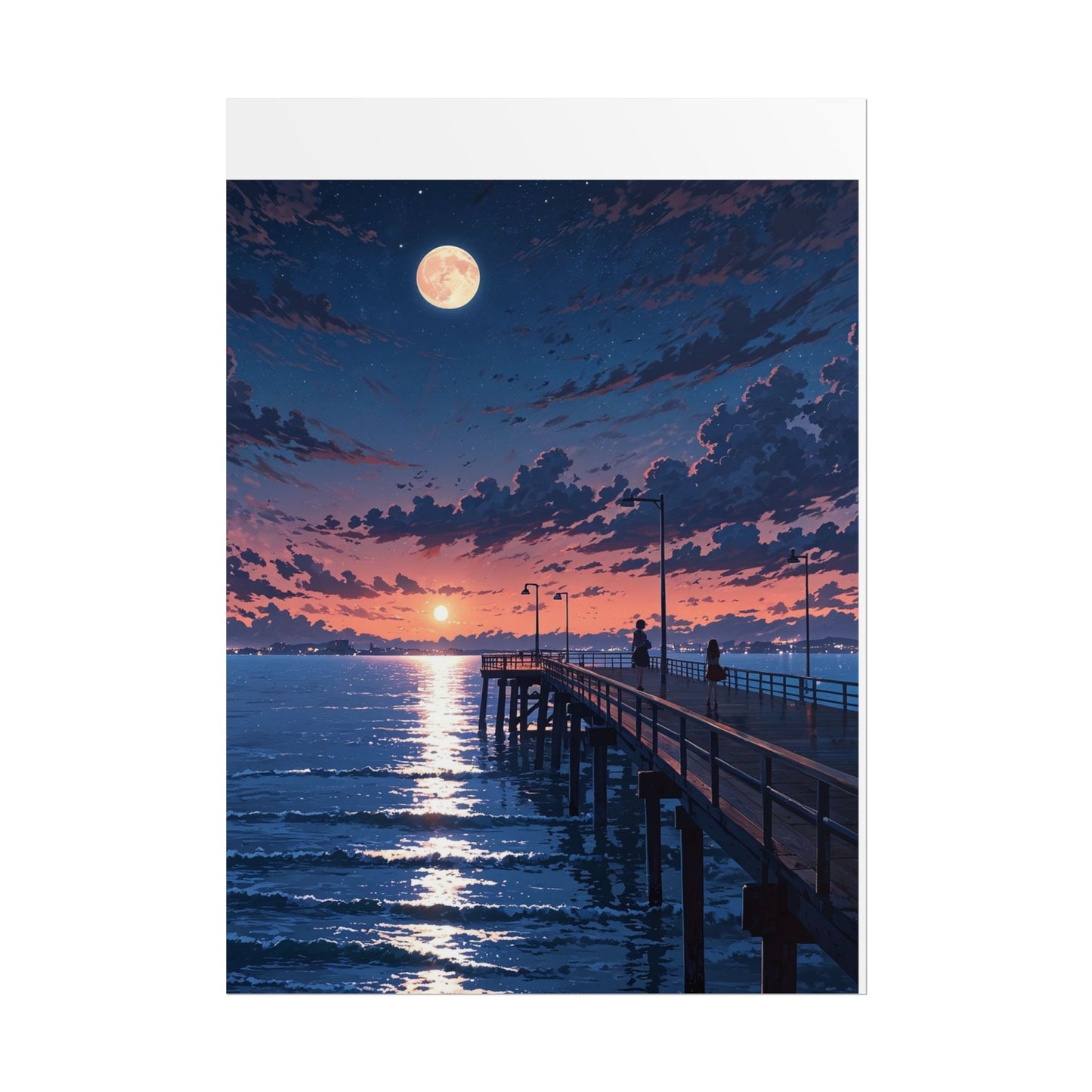 Serene Sunset Rolled Poster - Moonlit Pier Art for Home Decor