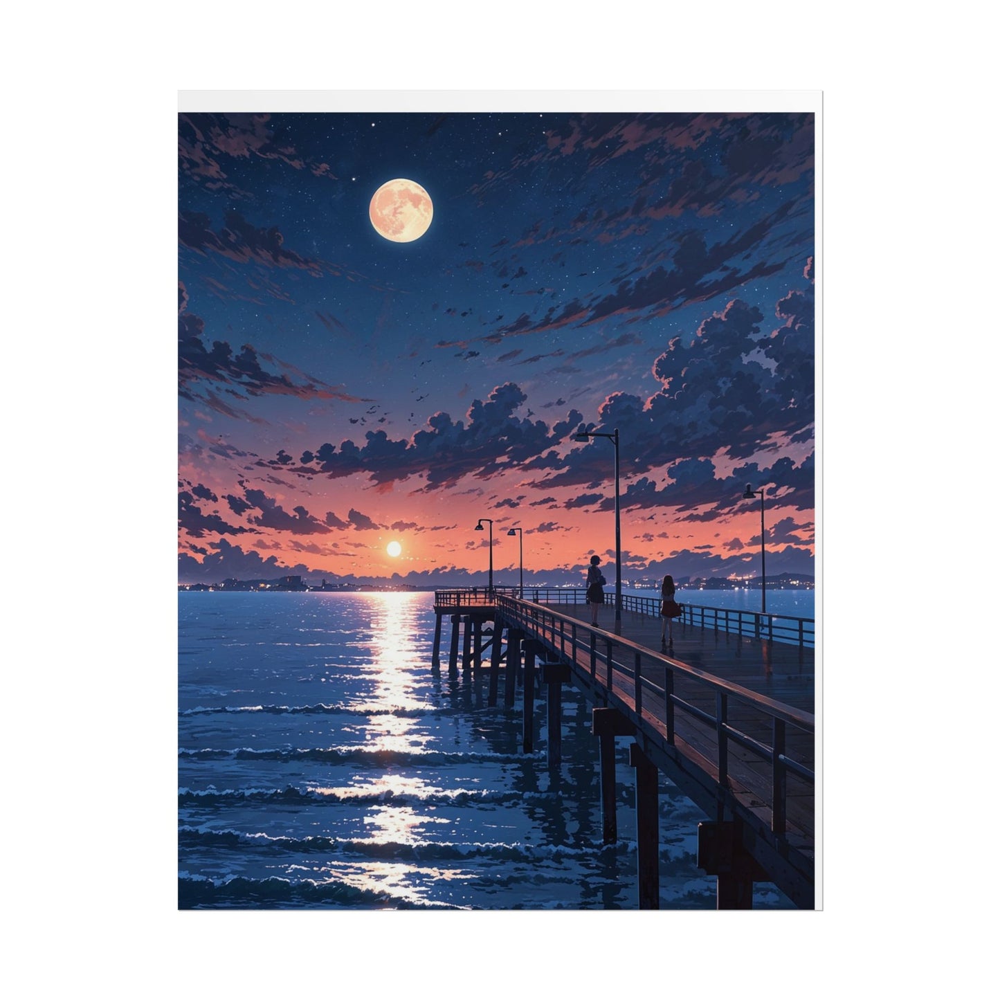 Serene Sunset Rolled Poster - Moonlit Pier Art for Home Decor