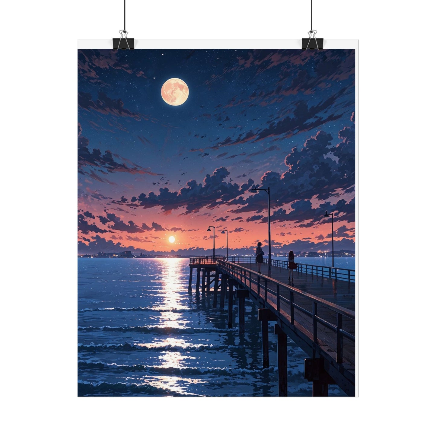 Serene Sunset Rolled Poster - Moonlit Pier Art for Home Decor