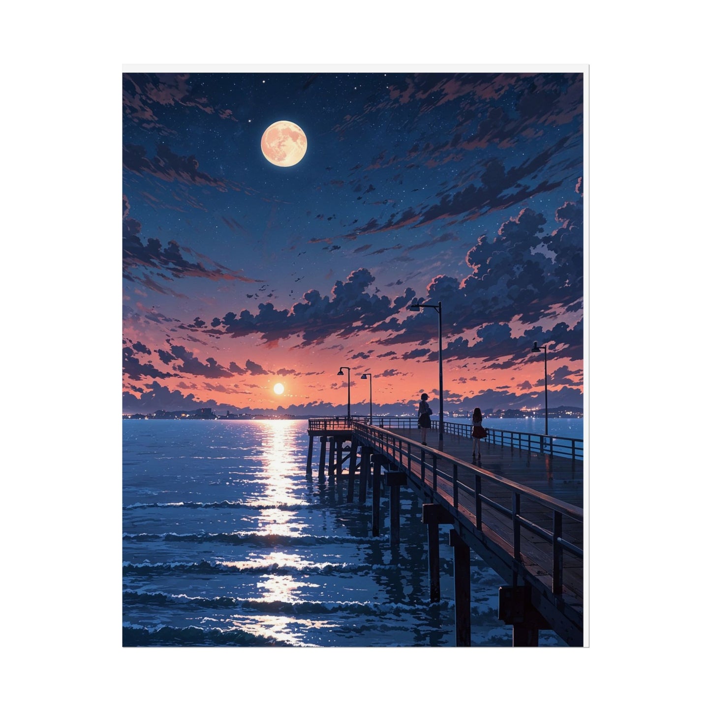 Serene Sunset Rolled Poster - Moonlit Pier Art for Home Decor