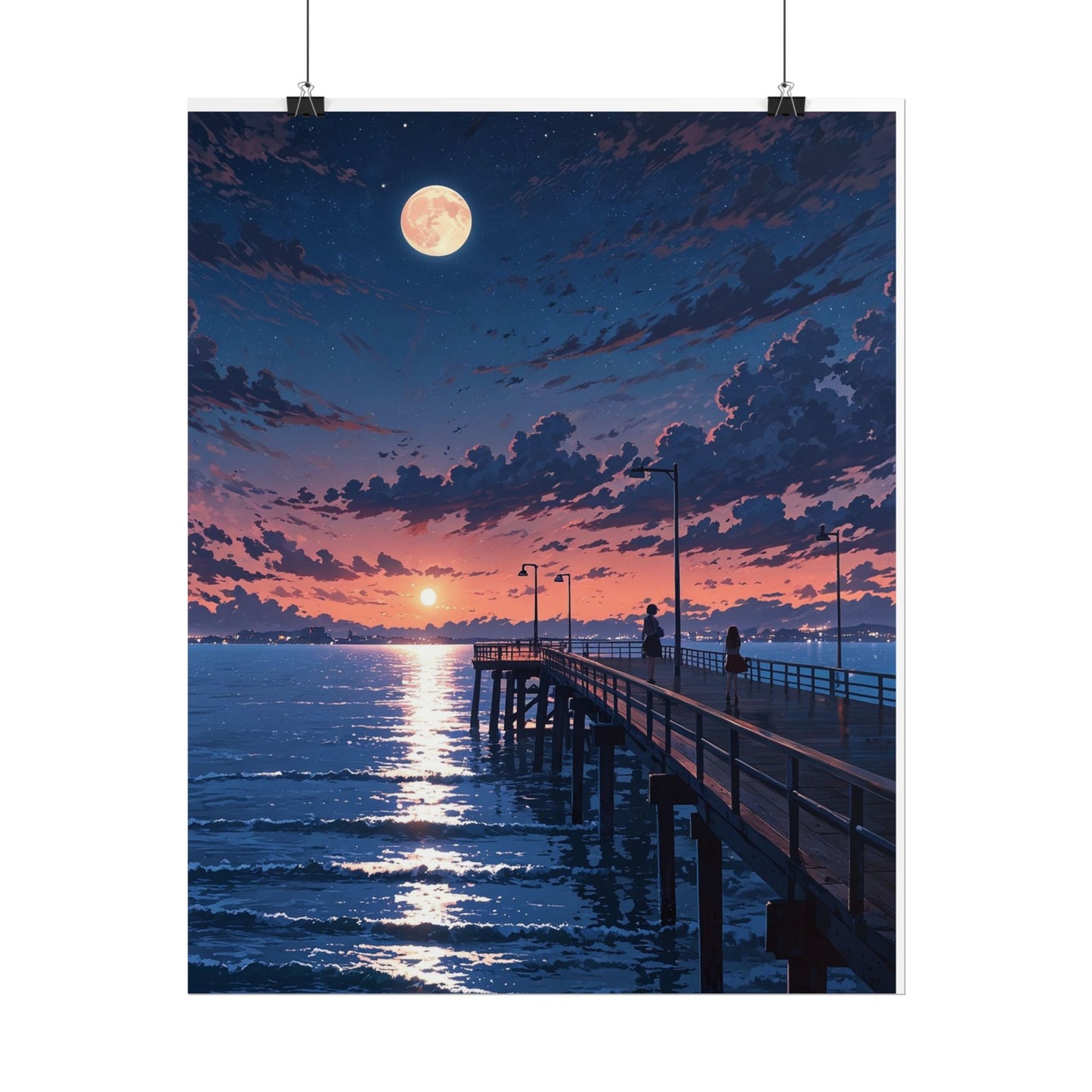 Serene Sunset Rolled Poster - Moonlit Pier Art for Home Decor