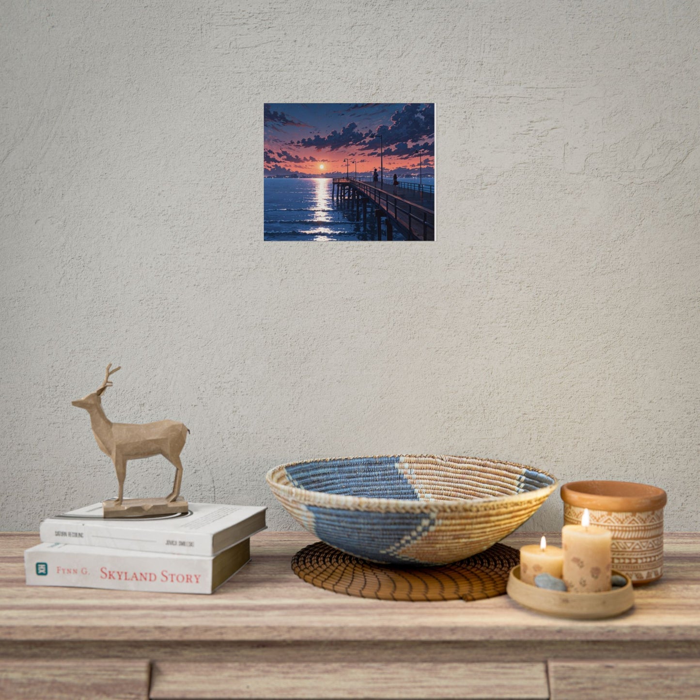 Serene Sunset Rolled Poster - Moonlit Pier Art for Home Decor