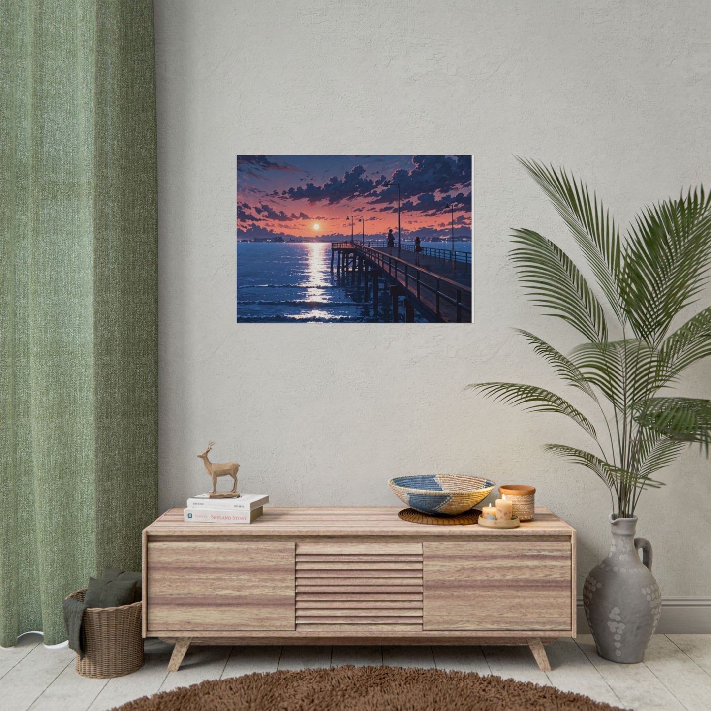 Serene Sunset Rolled Poster - Moonlit Pier Art for Home Decor