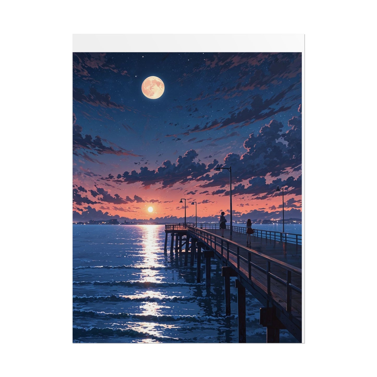 Serene Sunset Rolled Poster - Moonlit Pier Art for Home Decor