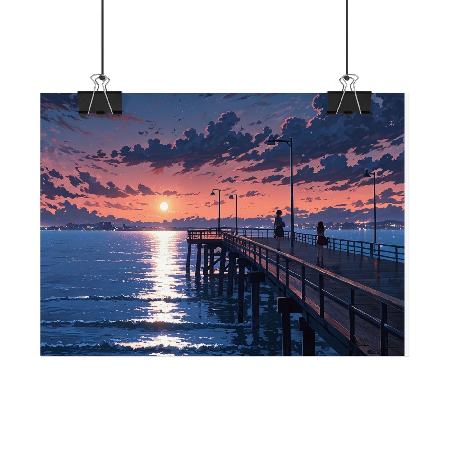 Serene Sunset Rolled Poster - Moonlit Pier Art for Home Decor