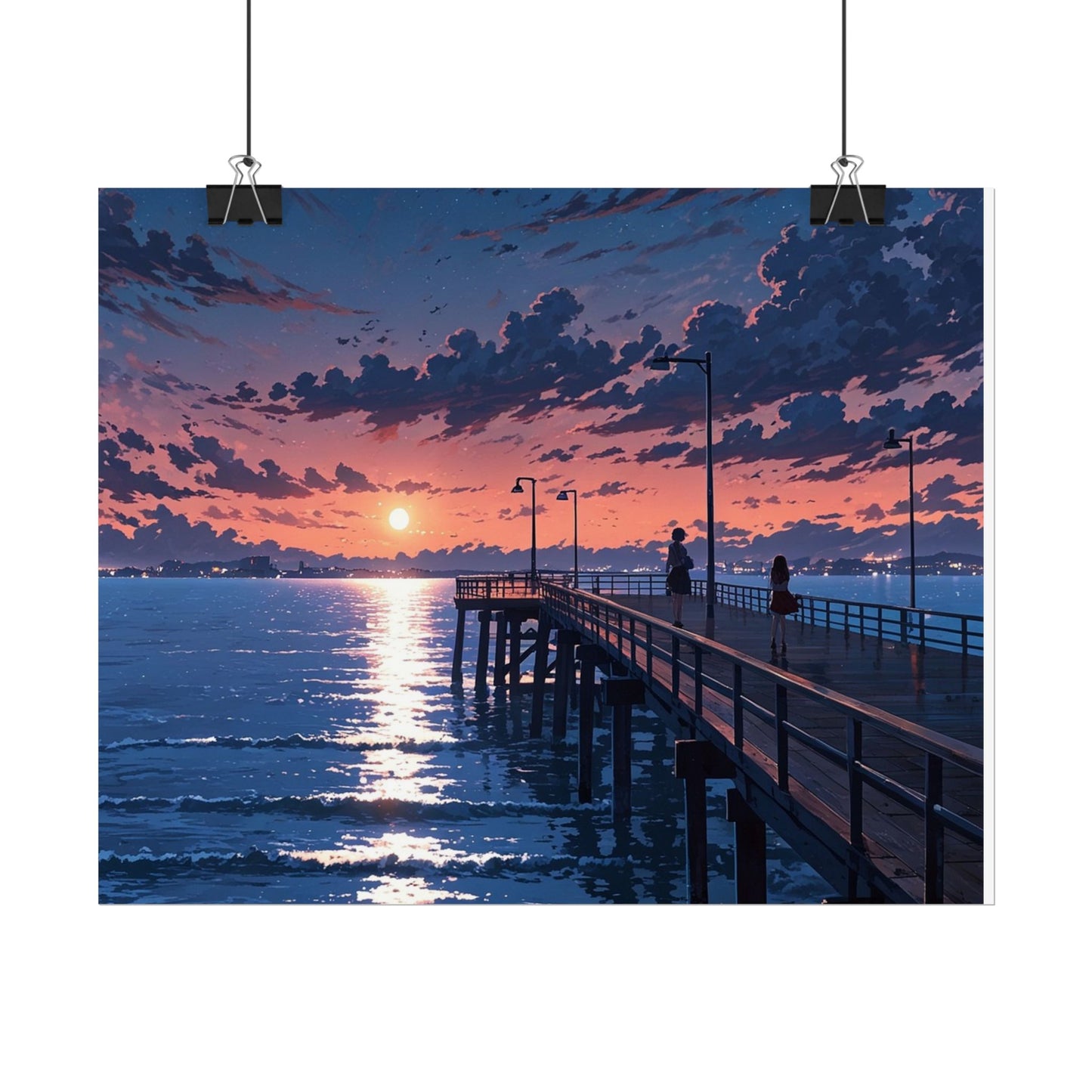 Serene Sunset Rolled Poster - Moonlit Pier Art for Home Decor