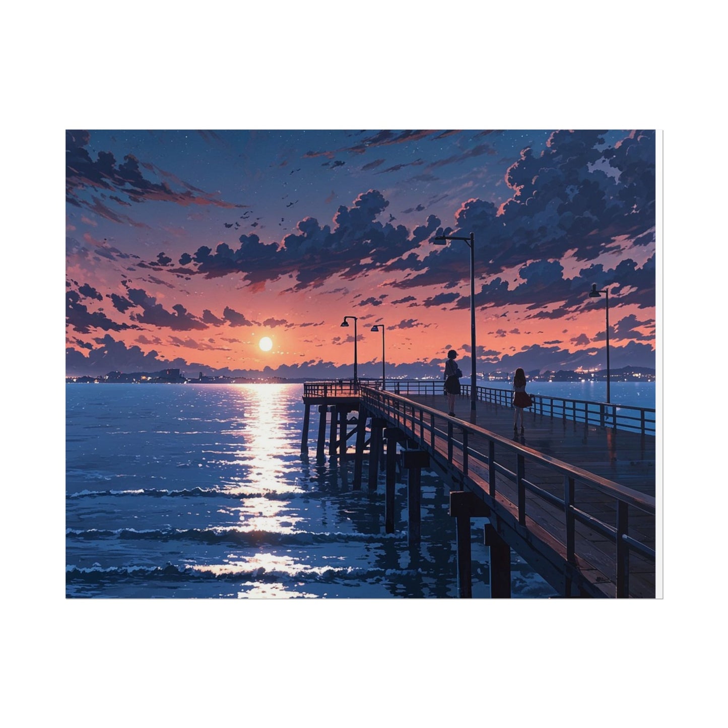Serene Sunset Rolled Poster - Moonlit Pier Art for Home Decor