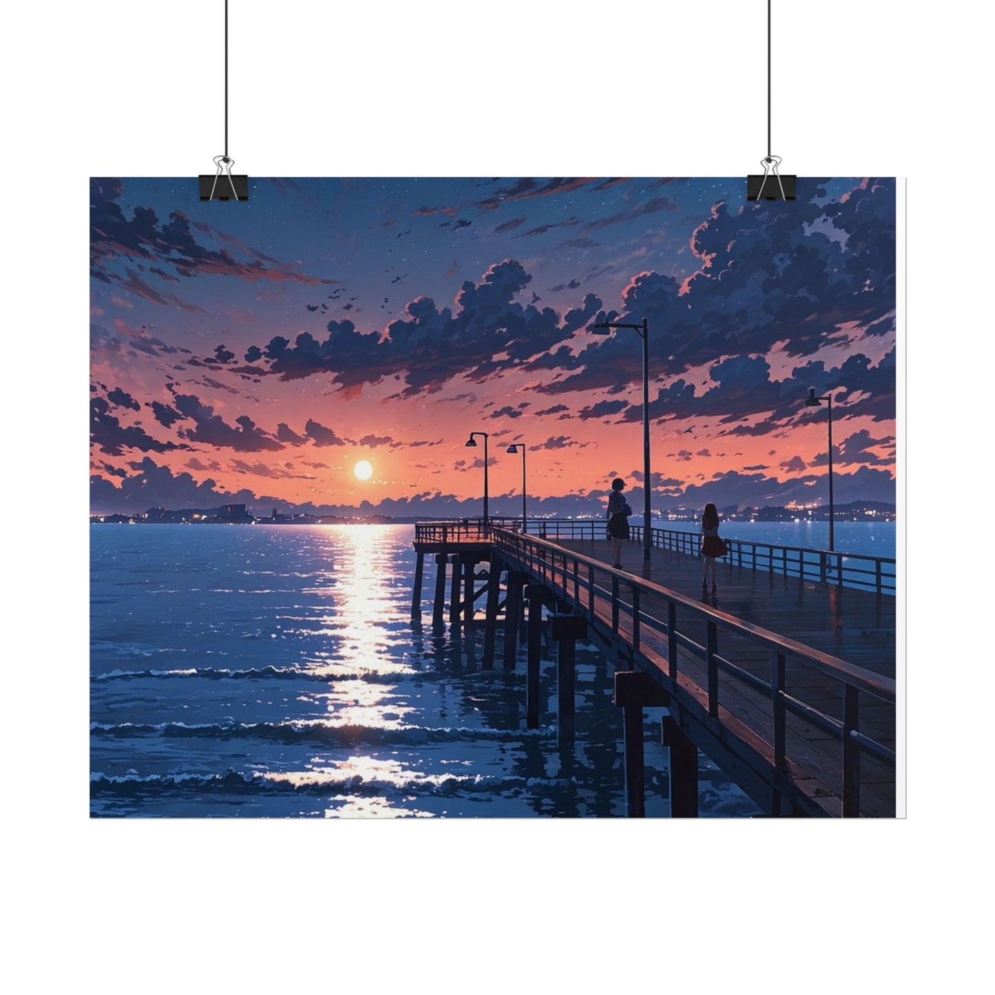 Serene Sunset Rolled Poster - Moonlit Pier Art for Home Decor