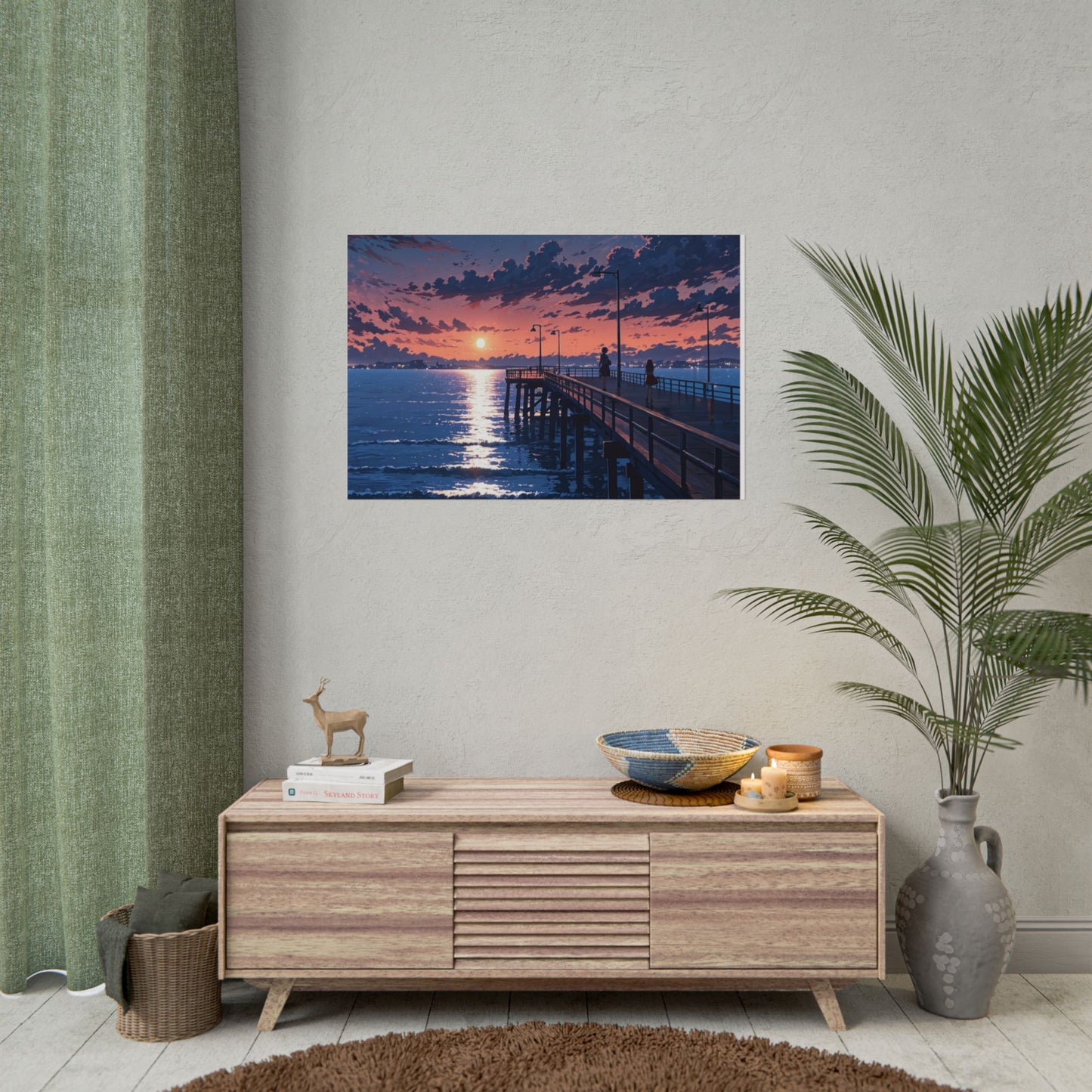 Serene Sunset Rolled Poster - Moonlit Pier Art for Home Decor